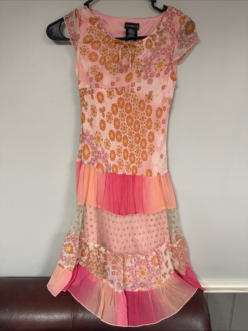 Girls George Whimsy Layered  Midi Pink & Orange Lined Floral Dress 10